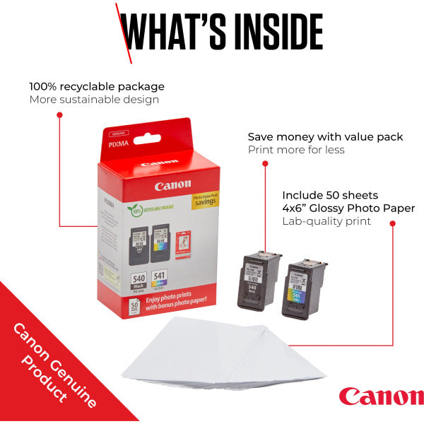 Canon PG-540 / CL-541 Genuine Ink Cartridges, Pack of 2 1 x Black, 1 x Colour , Includes 50 sheets of 4x6 Canon Photo Paper - 5225B013
