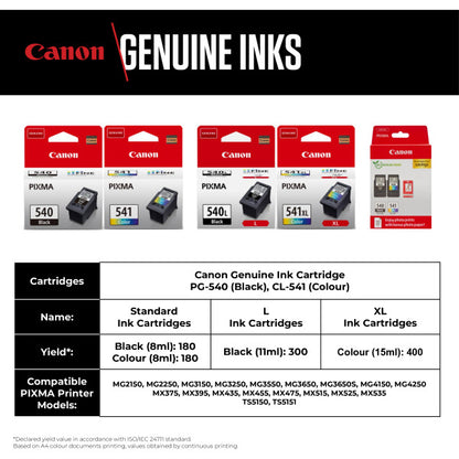 Canon PG-540 / CL-541 Genuine Ink Cartridges, Pack of 2 1 x Black, 1 x Colour , Includes 50 sheets of 4x6 Canon Photo Paper - 5225B013