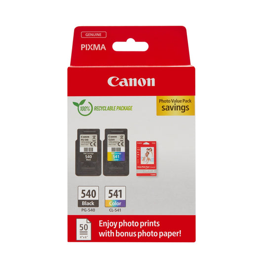 Canon PG-540 / CL-541 Genuine Ink Cartridges, Pack of 2 1 x Black, 1 x Colour , Includes 50 sheets of 4x6 Canon Photo Paper - 5225B013