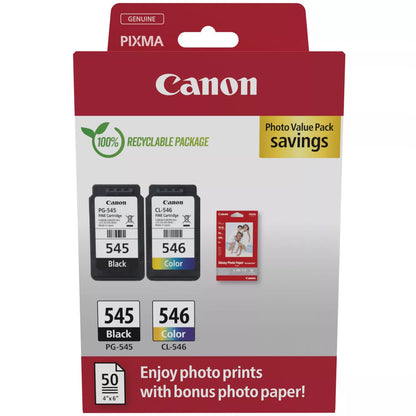 Canon PG-545 / CL-546 Genuine Ink Cartridges, Pack of 2 1 x Black, 1 x Colour ; Includes 50 sheets of 4x6 Canon Photo Paper - 8287B008