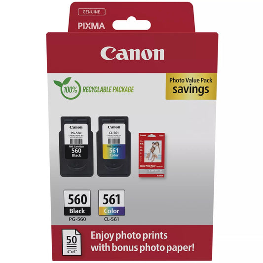 Canon PG-560 / CL-561 Genuine Ink Cartridges, Pack of 2 1 x Black, 1 x Colour ; Includes 50 sheets of 4x6 Canon Photo Paper - 3713C008