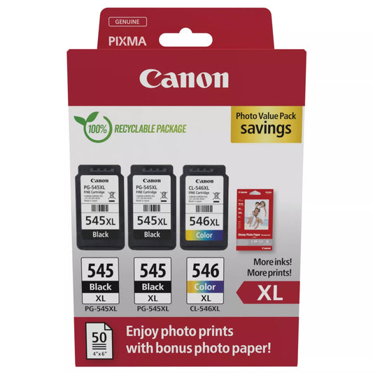 Canon PG-545XL x 2 / CL-546XL High Yield Genuine Ink Cartridges, Pack of 3 2 x Black, 1 x Colour Includes 50 sheets of 4x6 Canon Photo Paper - 8286B015