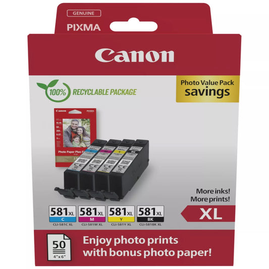 Canon CLI-581XL High Yield Genuine Ink Cartridges, Pack of 4 Black, Cyan, Magenta, Yellow ; Includes 50 Sheets of 4x6 Canon Photo Paper - 2052C006