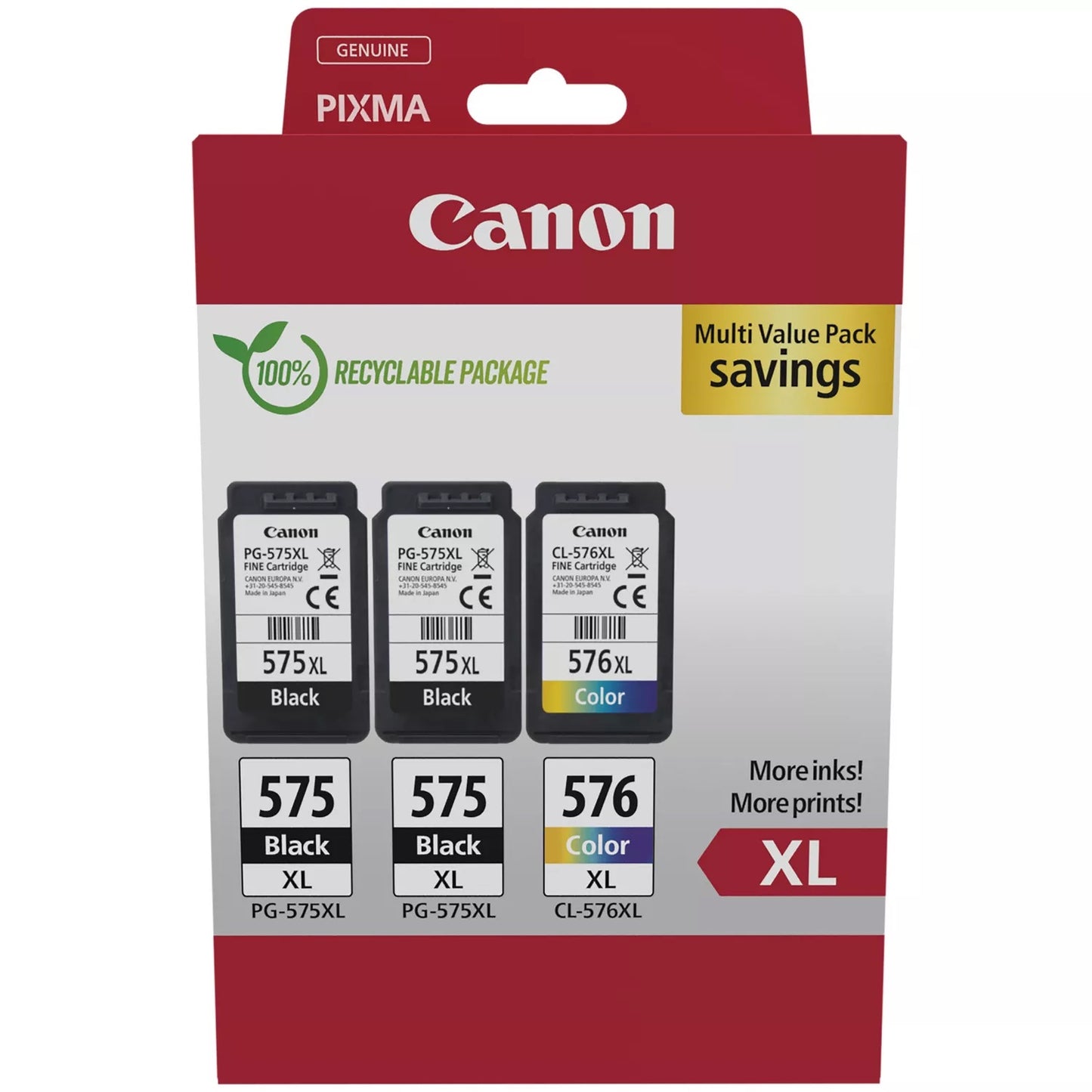 Canon PG-575XL x 2 / CL-576XL High Yield Genuine Ink Cartridges, Pack of 3 2 x Black, 1 x Colour - 5437C004