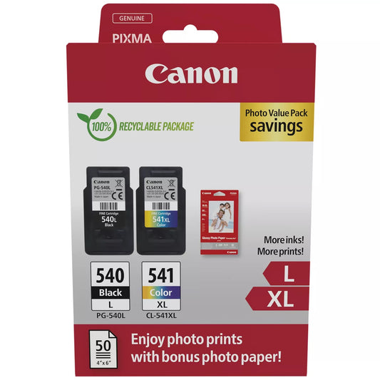 Canon PG-540L / CL-541XL High Yield Genuine Ink Cartridges, Pack of 2 Colour & Black ; Includes 50 Sheets of 4x6 Canon Photo Paper - 5224B012