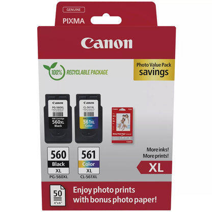 Canon PG-560XL / CL-561XL High Yield Genuine Ink Cartridges, Pack of 2 Colour & Black ; Includes 50 Sheets of 4x6 Canon Photo Paper - 3712C008