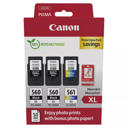 Canon PG-560XL x 2 / CL-561XL High Yield Genuine Ink Cartridges, Pack of 3 2 x Black, 1 x Colour ; Includes 50 sheets of 4x6 Canon Photo Paper - 3712C012