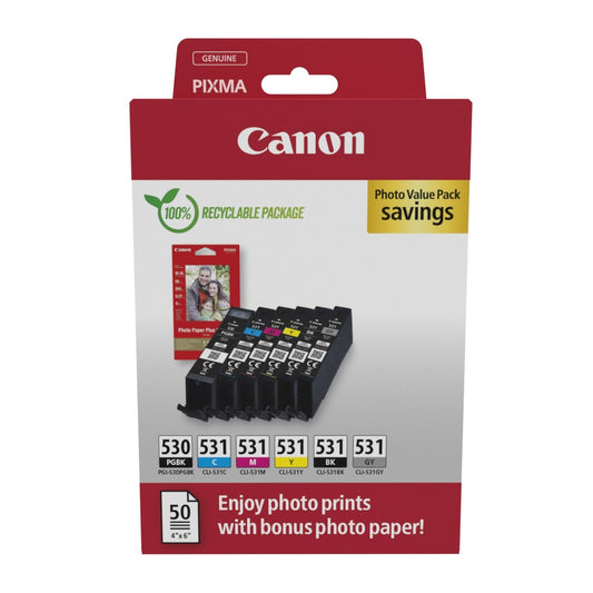 Canon PGI-530/CLI-531 PGI Black, CLI Cyan, Magenta, Yellow, Black, Grey Photo Value Pack with 50 Sheets of Photo paper
