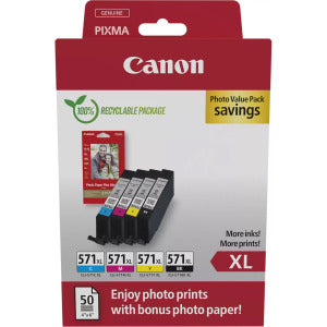 Canon CLI-571XL High Yield Genuine Ink Cartridges, Pack of 4 Black, Cyan, Magenta, Yellow ; Includes 50 Sheets of 4x6 Canon Photo Paper - 0332C006