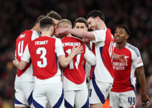 Oleksandr Zinchenko celebrates with Arsenal team-mates